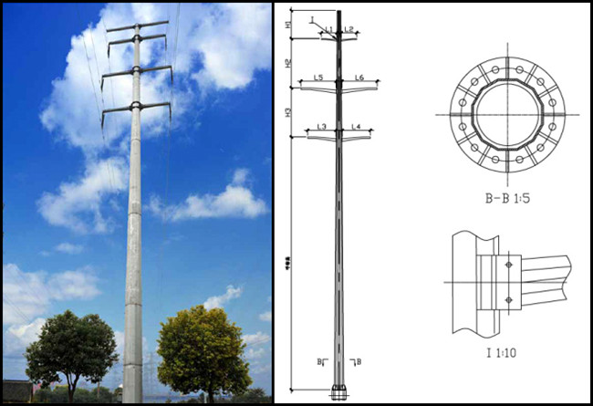 Durable Gr65 60FT 1280KG Load Steel Utility Pole with Galvanized Cross Arm 2